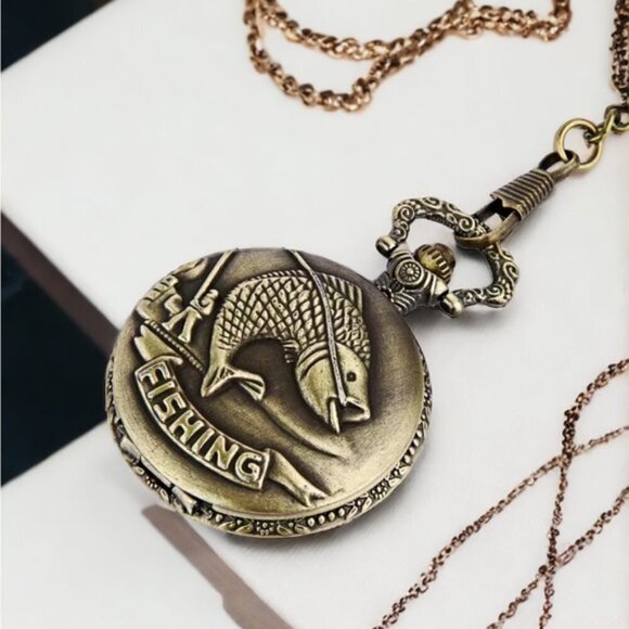 Pocket Chain Watch Fishing Theme Sportsperson Bronze Steampunk Retro Style Gift - Picture 12 of 12